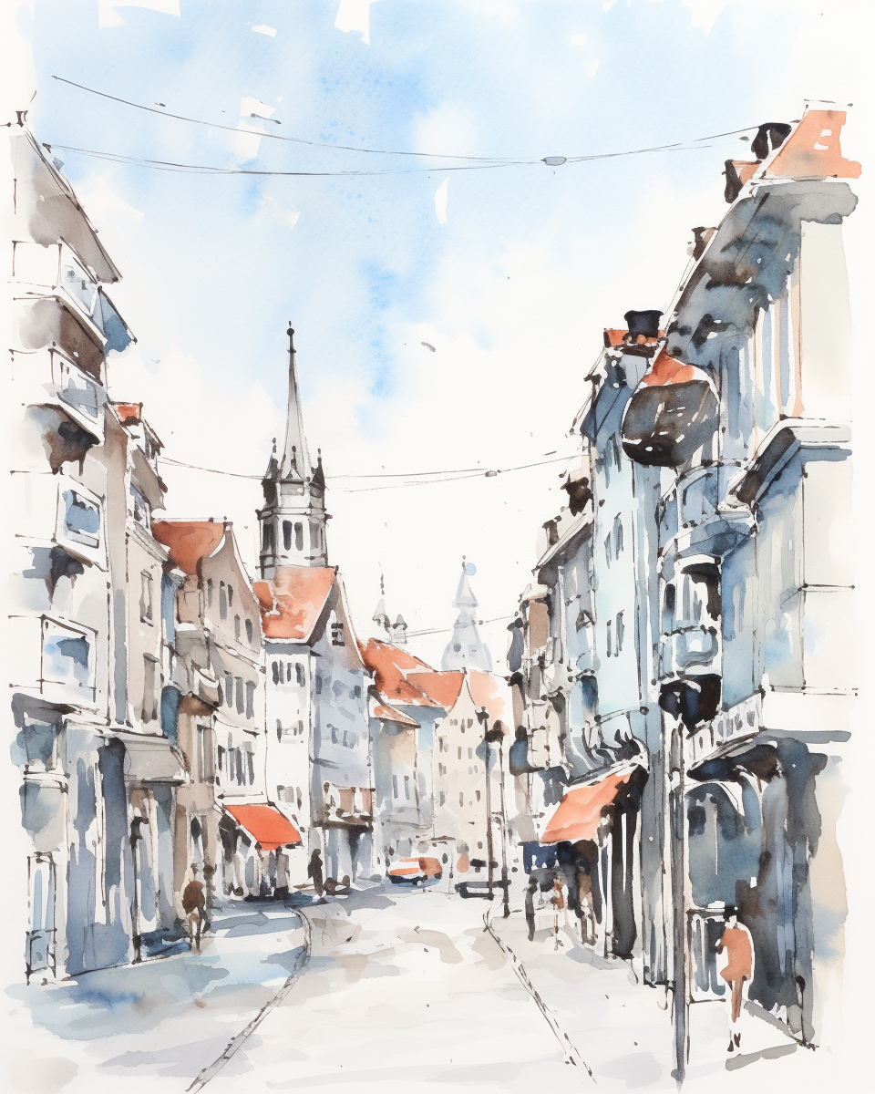 Expressive watercolor sketch of Lausanne France main street