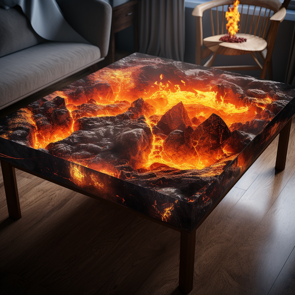 Center table with overflowing lava volcano