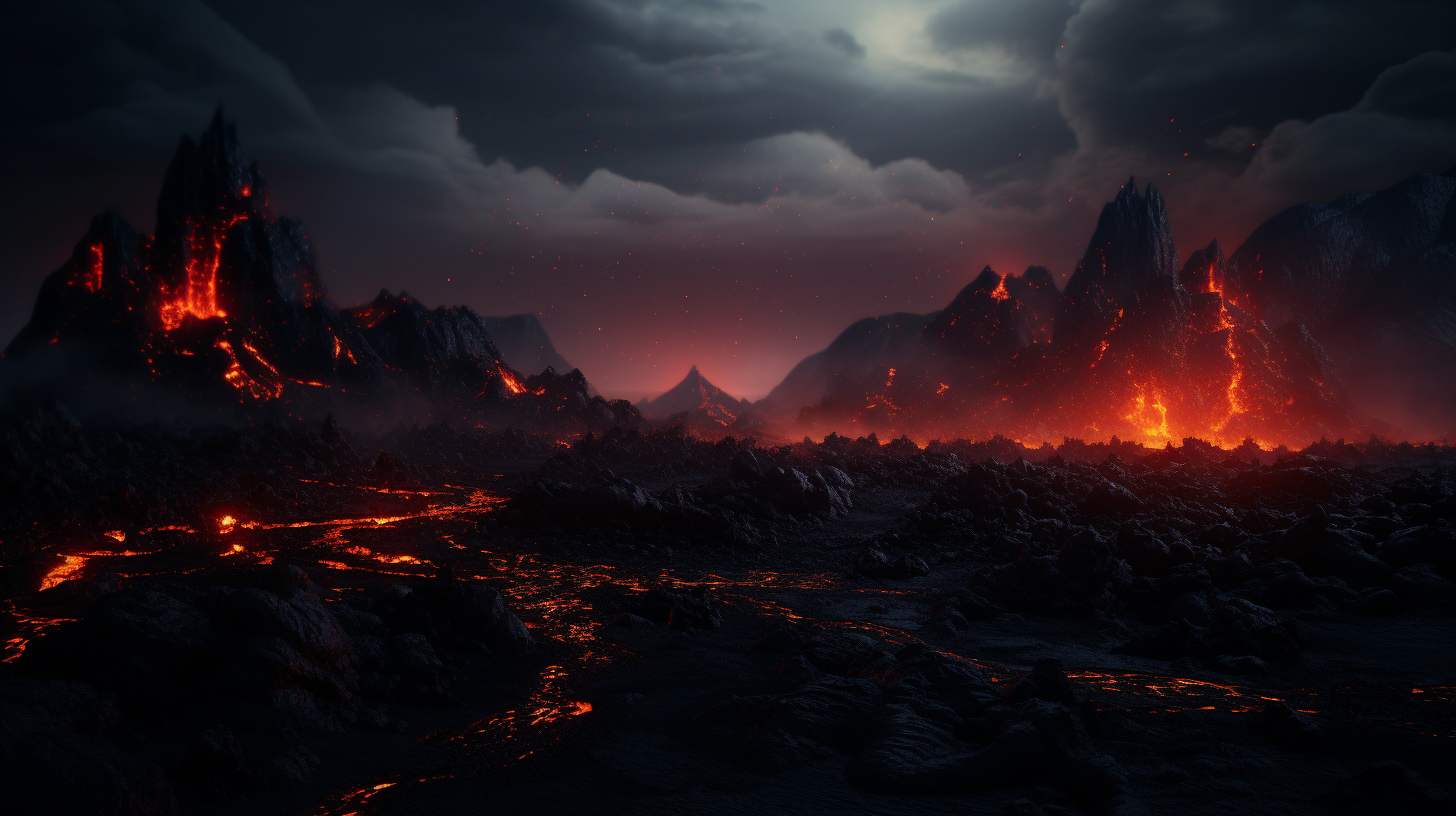 Lava field with volcano and ash