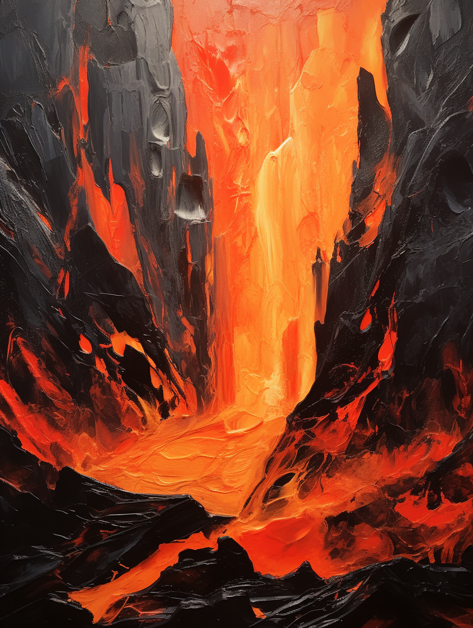 Acrylic painting of lava forge in the mountains