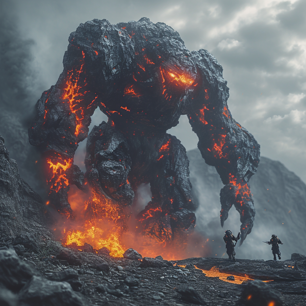 Dark demon golem made of lava and stone