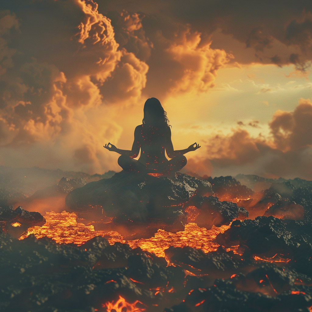 Lava Woman Meditating in Fiery Sky