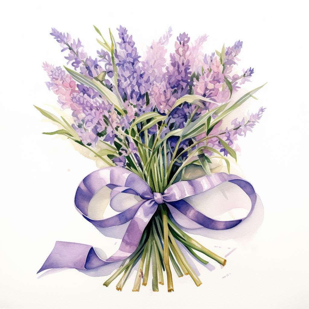 Vibrant lavender bouquets with purple ribbons