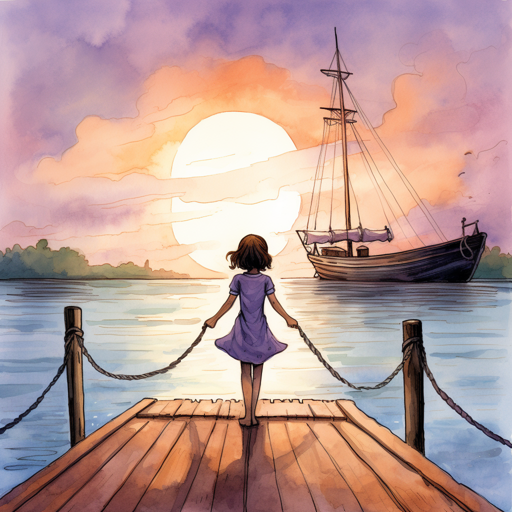 Girl in Lavender Dress Reaching for Boat