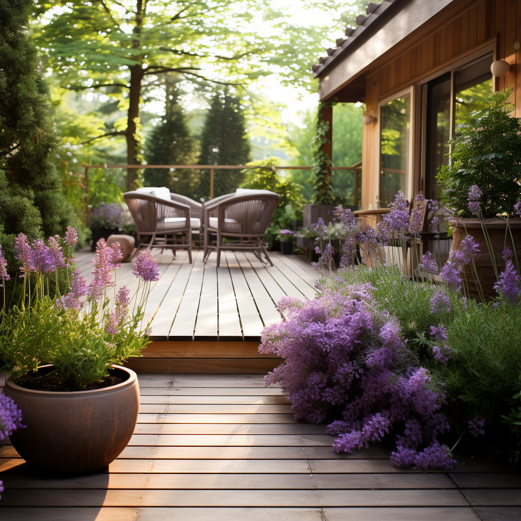 Lavender garden surrounded by maple trees and wooden deck