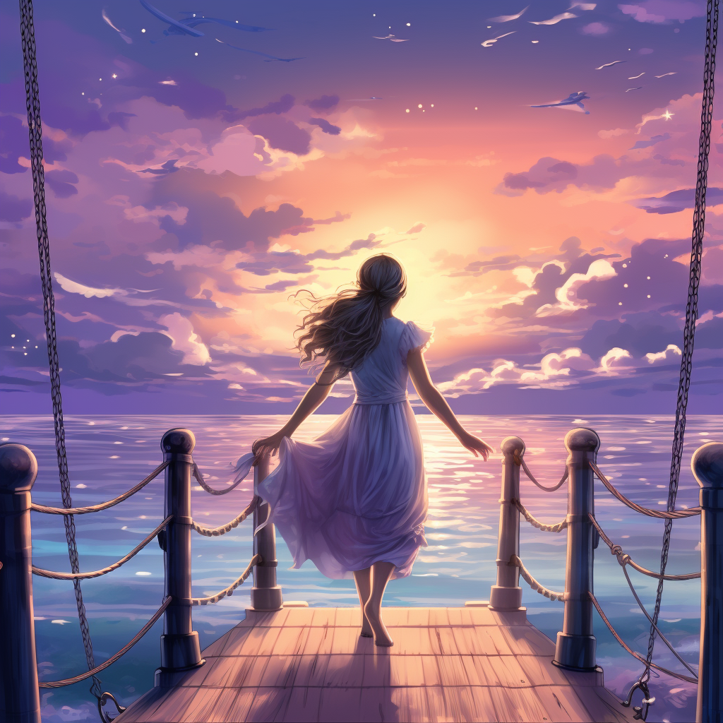 girl on dock reaching boat at sunset