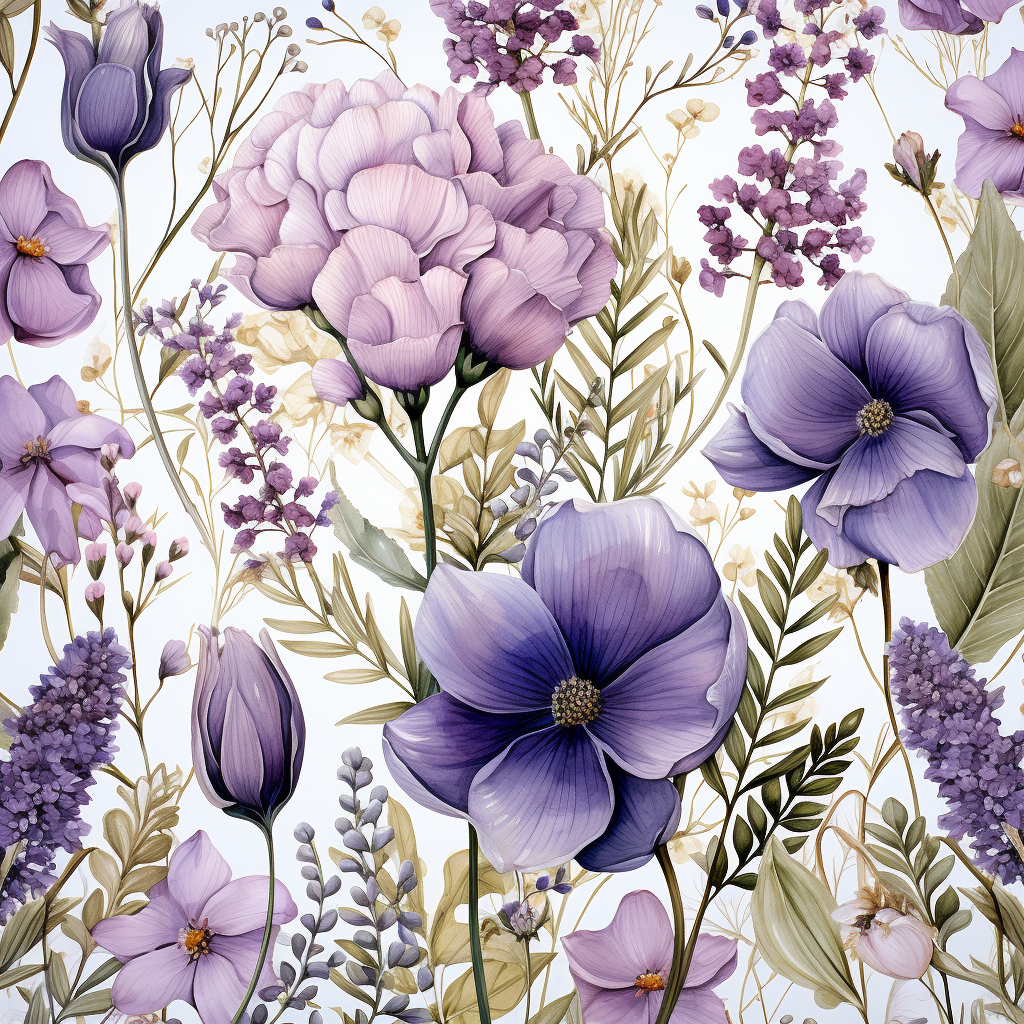 Beautiful lavender pressed flowers in watercolor style