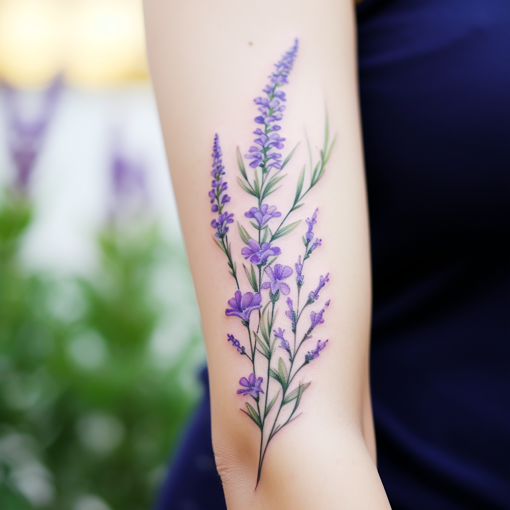 Vibrant lavender tattoo on arm