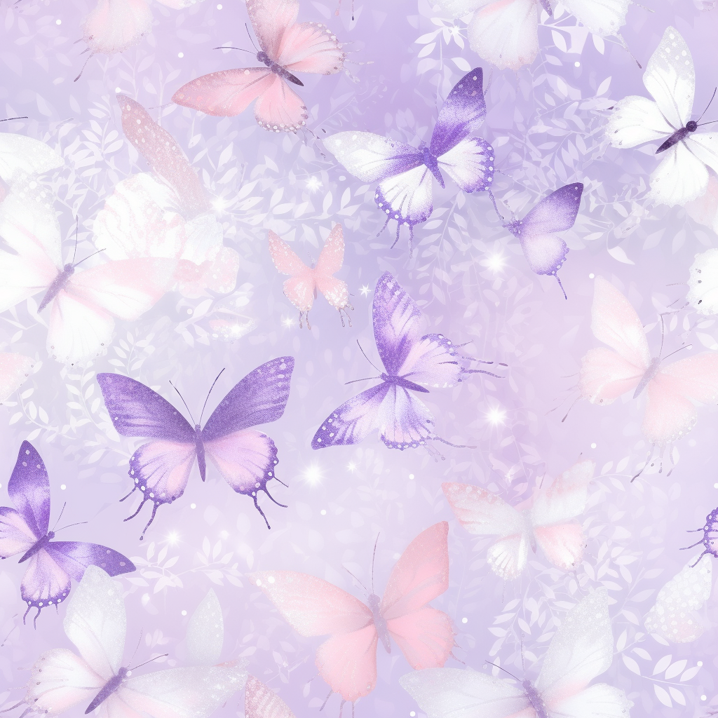 Colorful butterflies and sparkles on lavender, white, and pink background