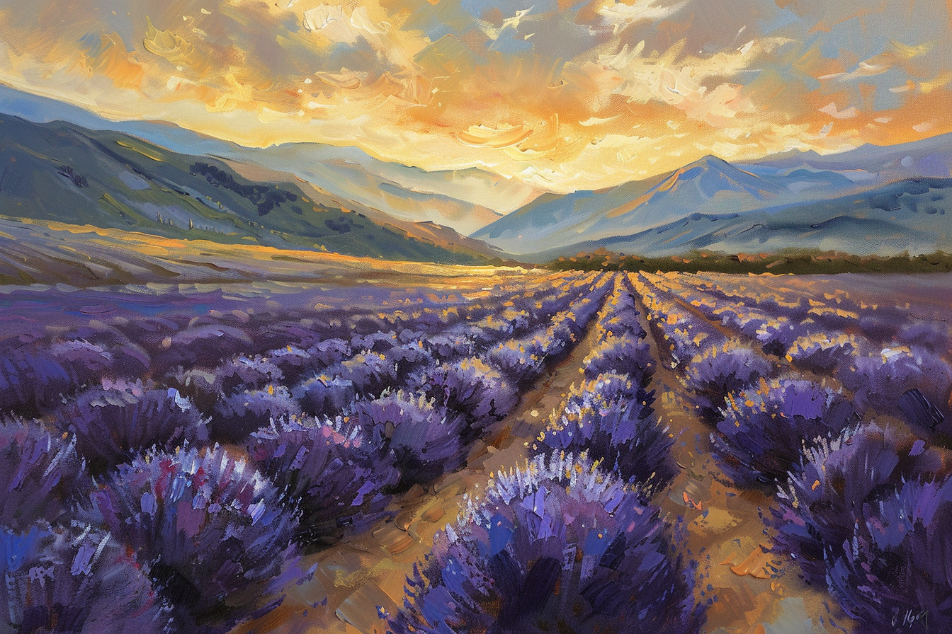 Oil painting lavender field sunset mountains