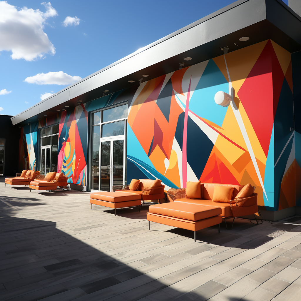 Geometric motion of player silhouettes on lawn bowling mural