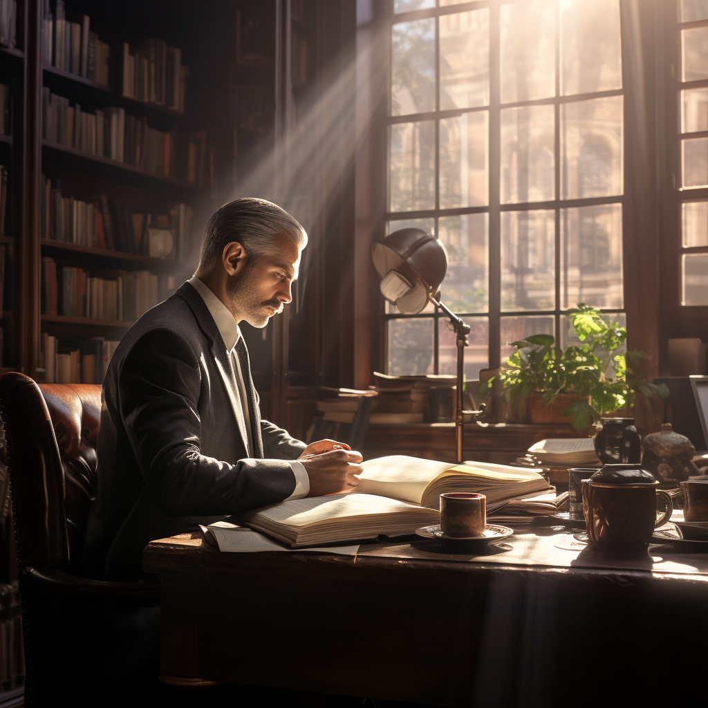 Lawyer sipping coffee at desk with papers and lawbooks