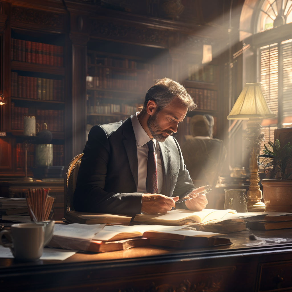 Lawyer in Suit Drinking Coffee at Desk