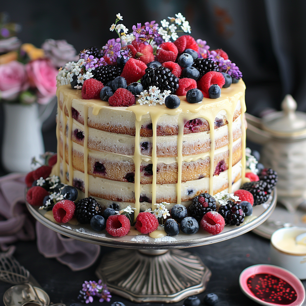 Decorated layered cake on stand