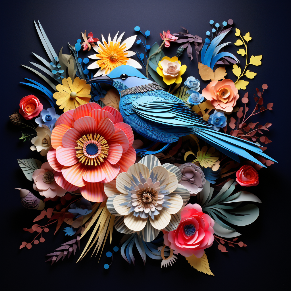 Three-dimensional layered flowers with a bird in the middle