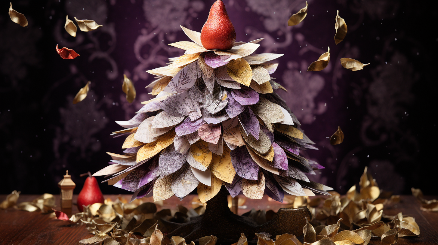 Detailed origami partridge in paper pear tree