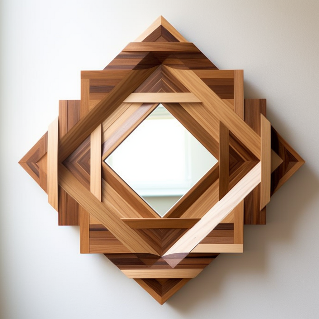 Layered wooden mirror with geometric shapes