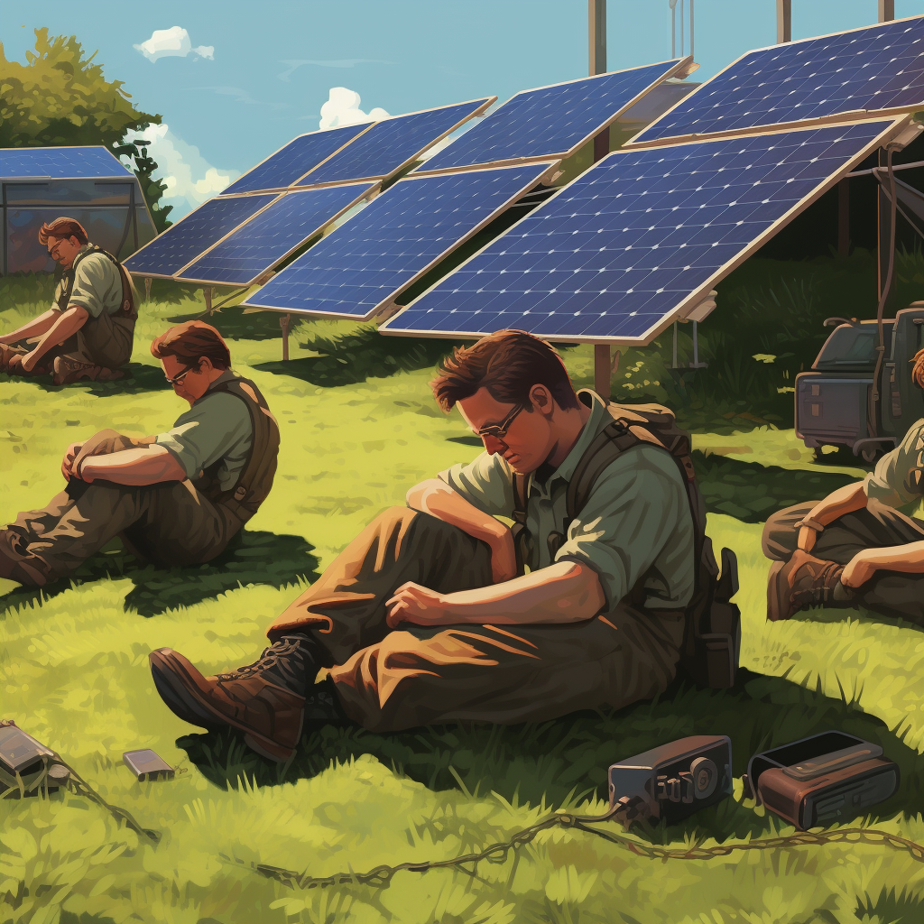 Photovoltaic technician resting on grass