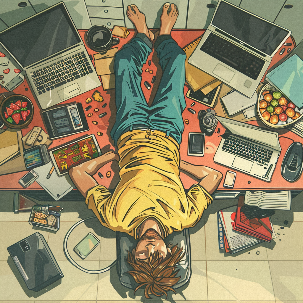 Lazy Man on Desk with Gadgets