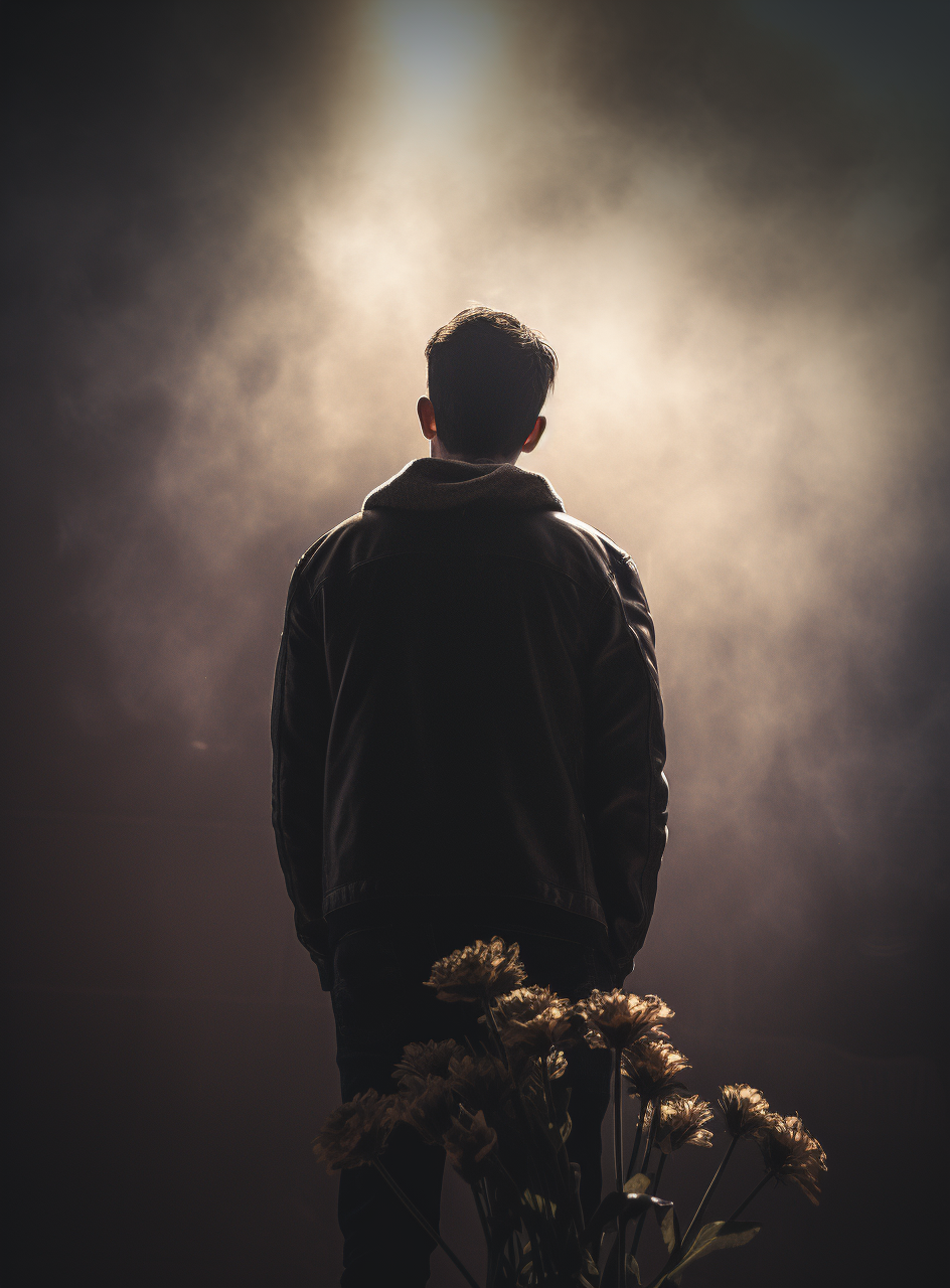 Lean guy holding flower bouquet looking up sadly