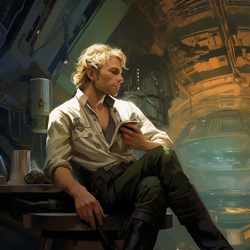 Blonde male sipping coffee on spaceship