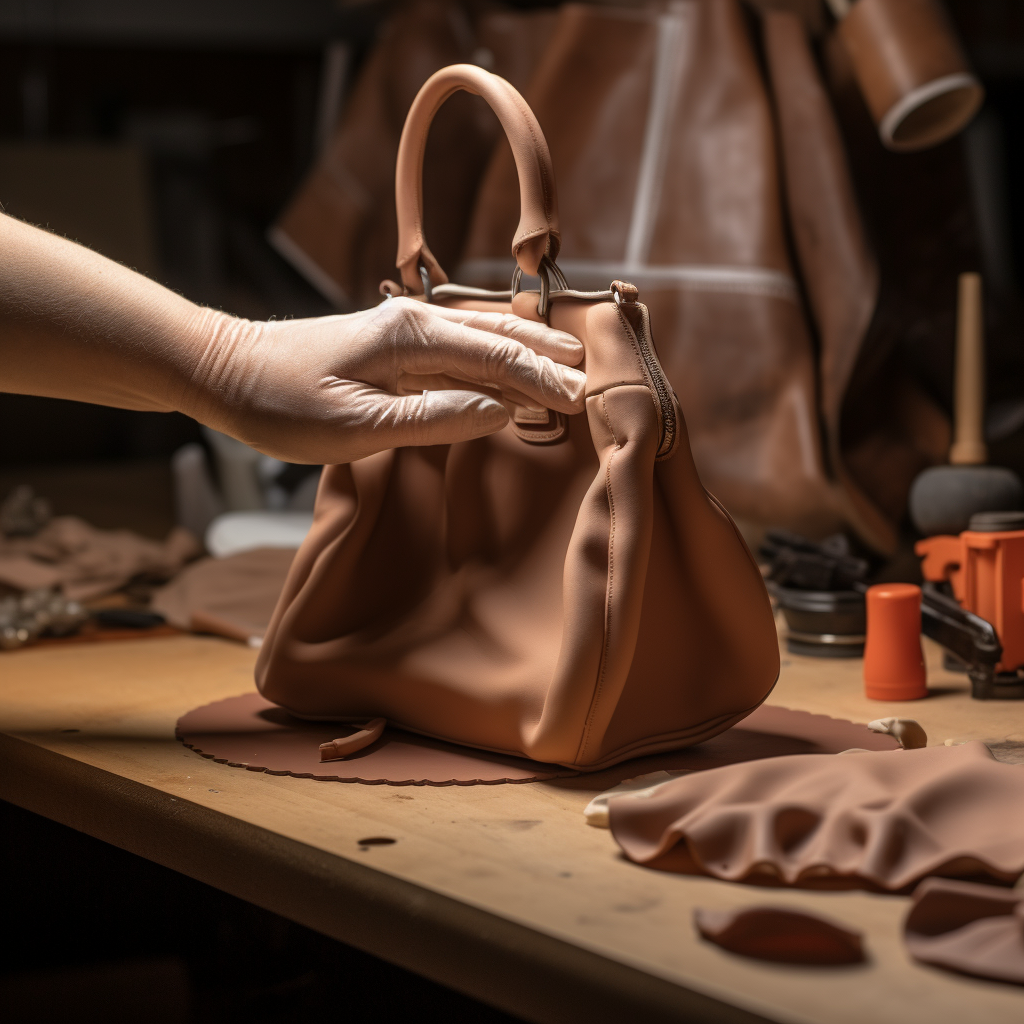 Skilled hands crafting leather bags