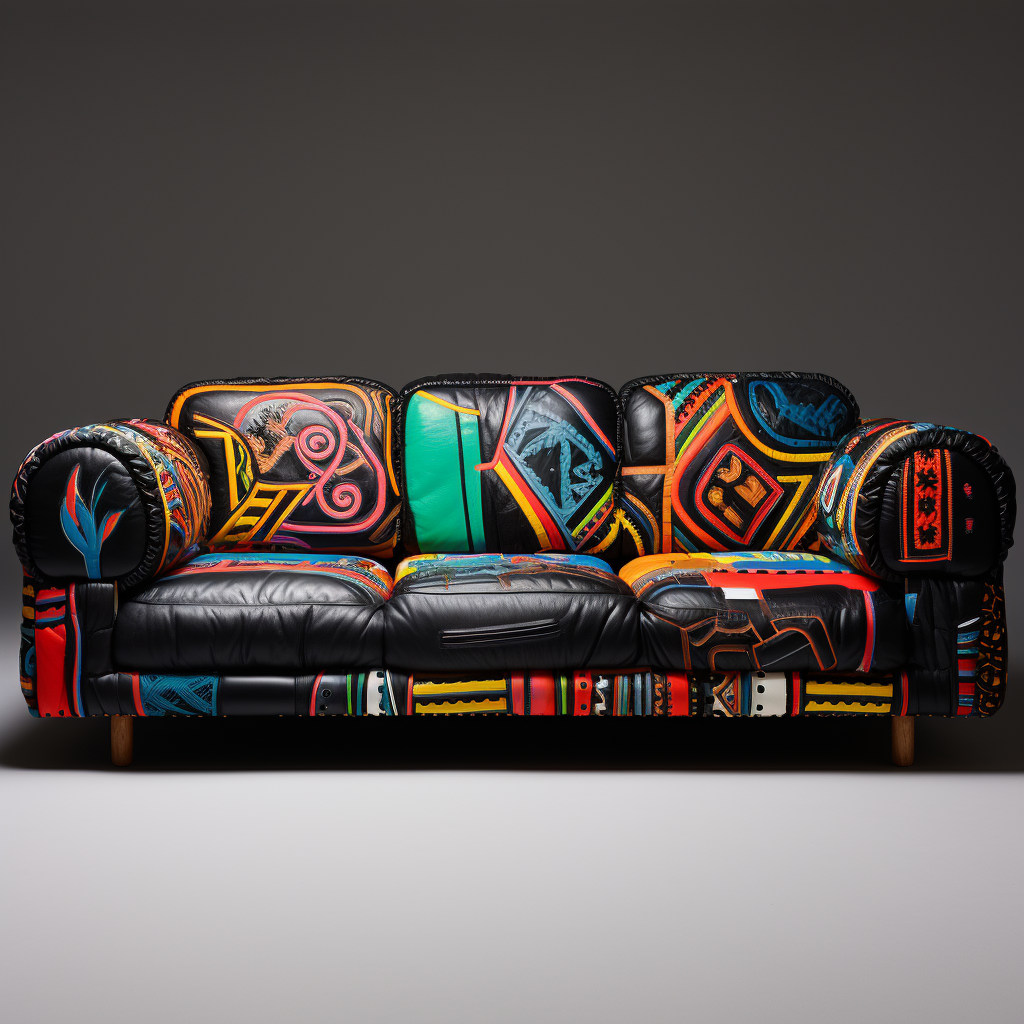 Leather couch with intricate embroidery