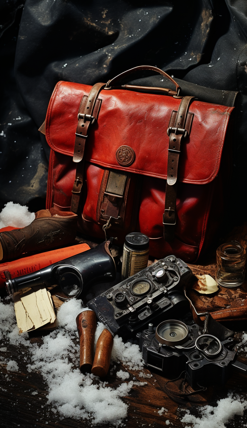 Leather satchel with tools in snow