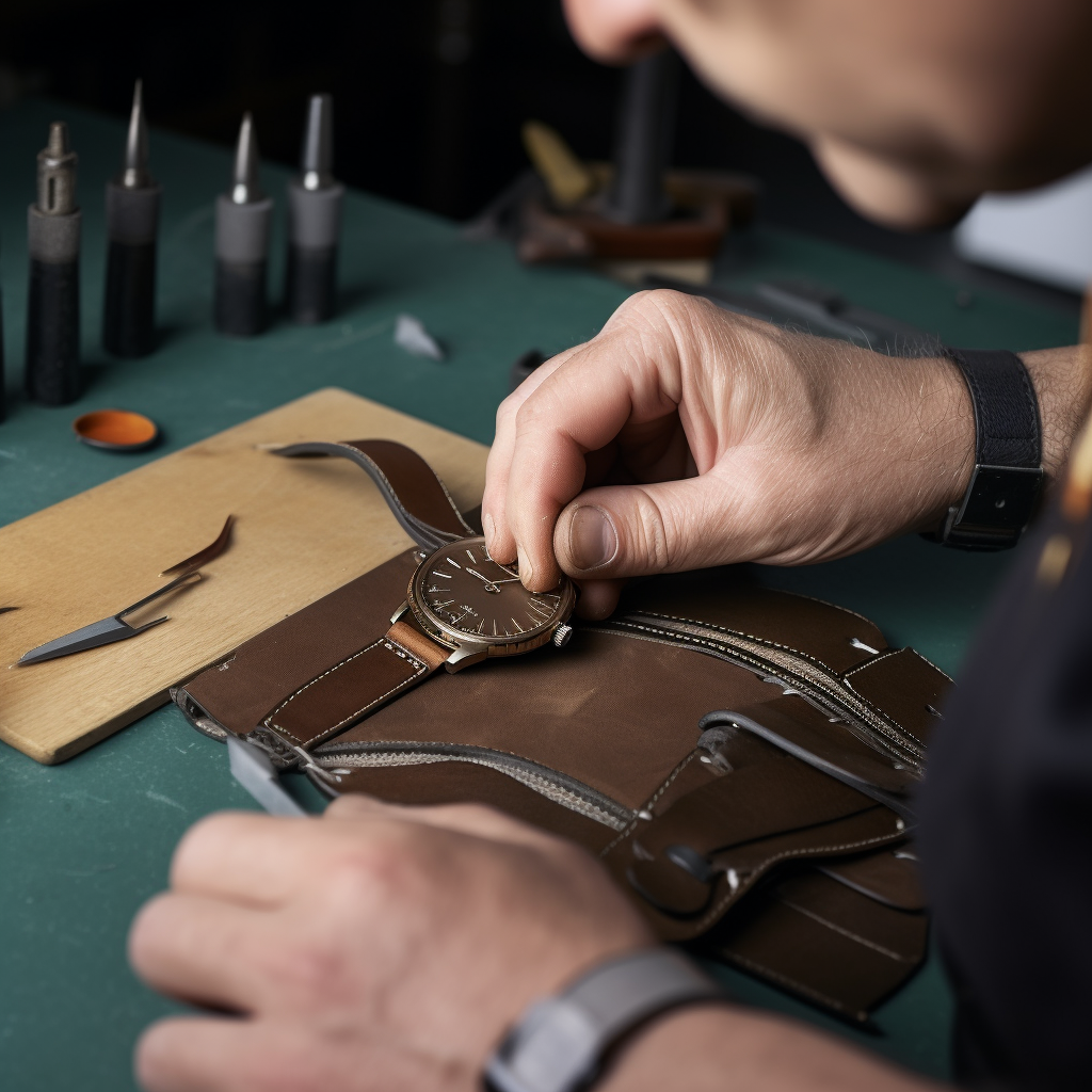 Skilled leather worker crafting watch strap