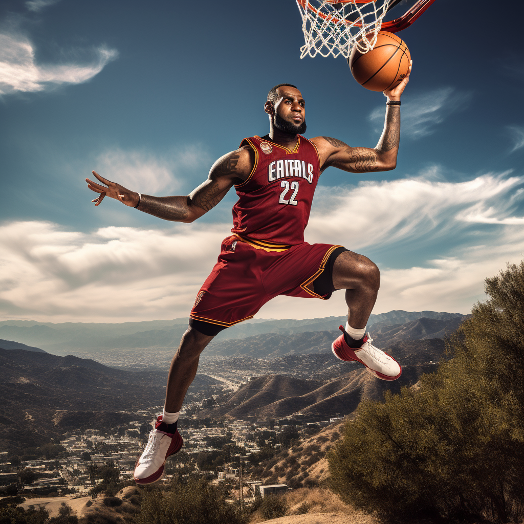 LeBron James dunking over Hollywood sign