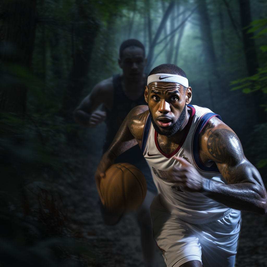 Lebron James being chased by a scary monster