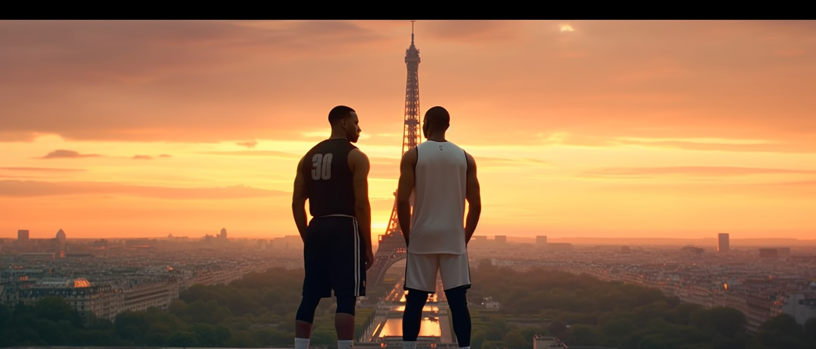 LeBron James and Stephen Curry admiring Eiffel Tower at sunset