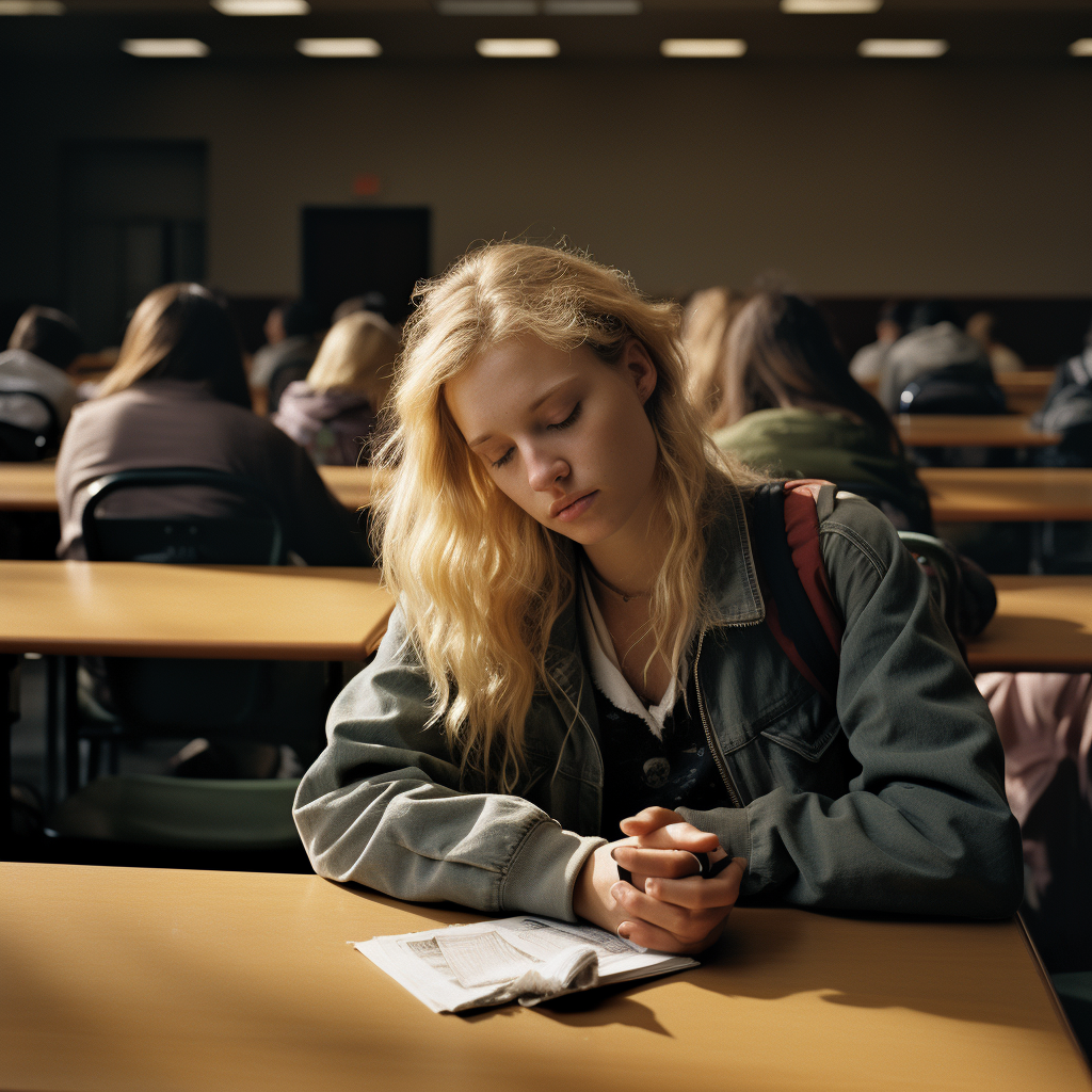 Blonde college woman studying at lecture hall desk