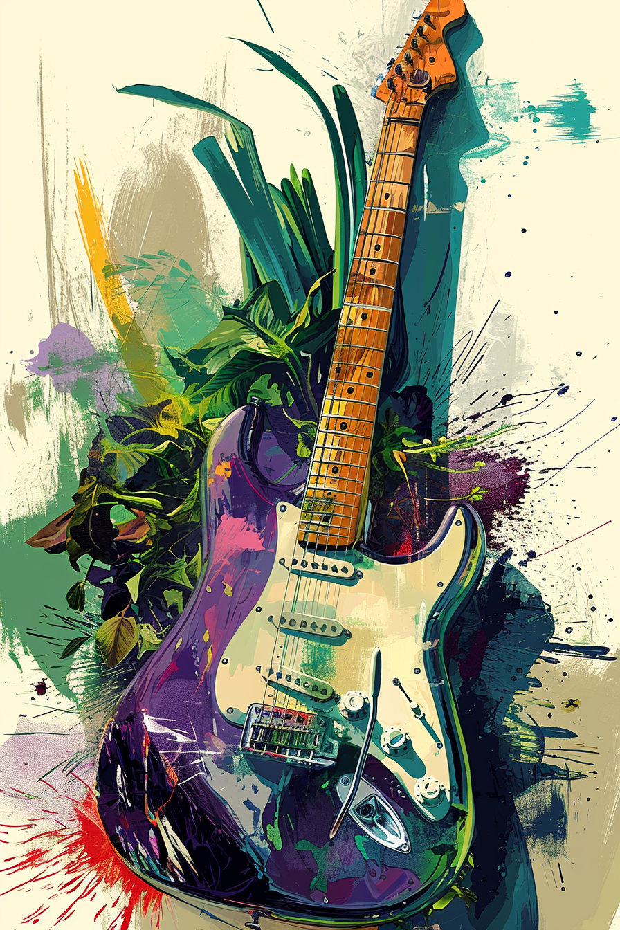 Colorful leek and guitar artwork painting