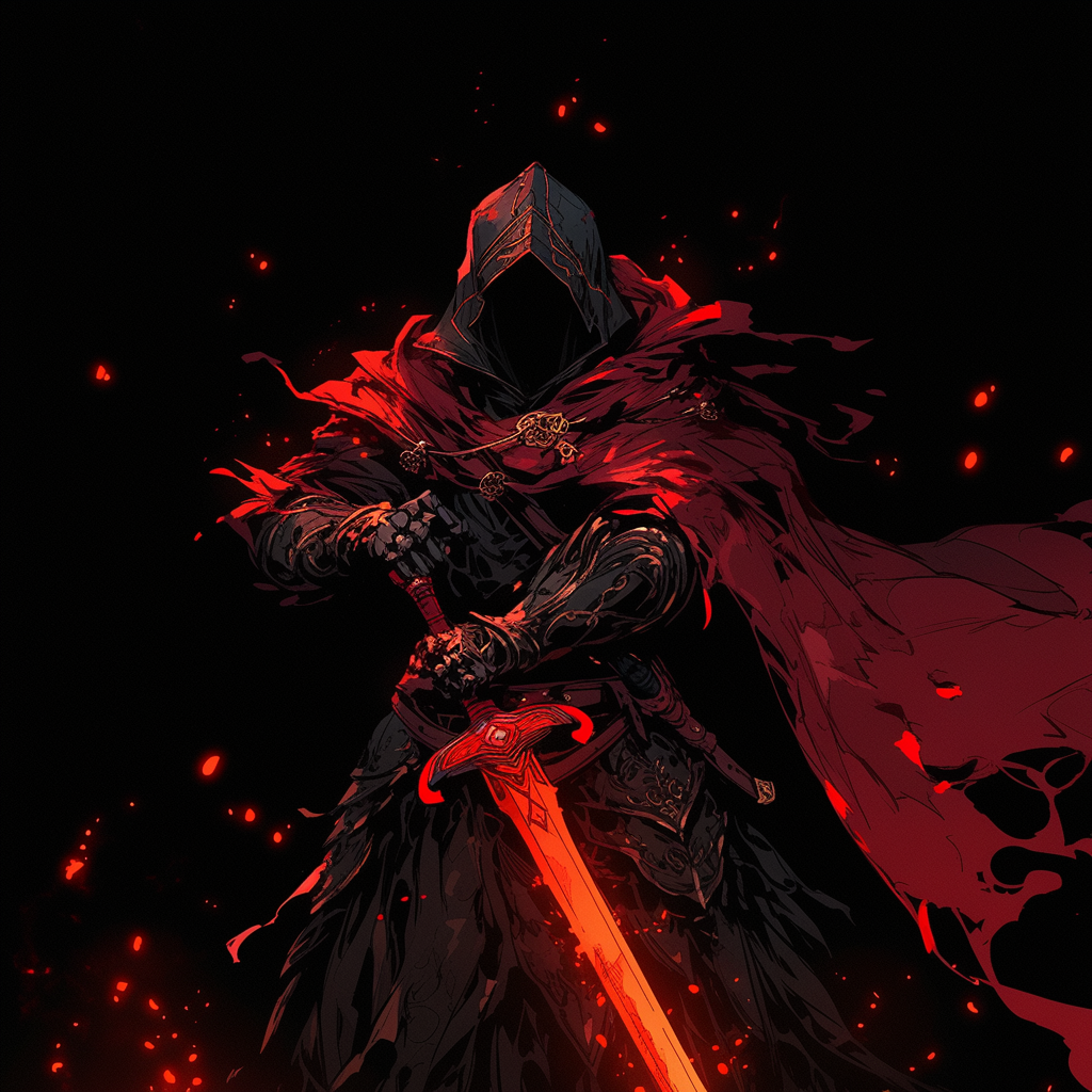 Legendary warrior with short sword in black and red robes