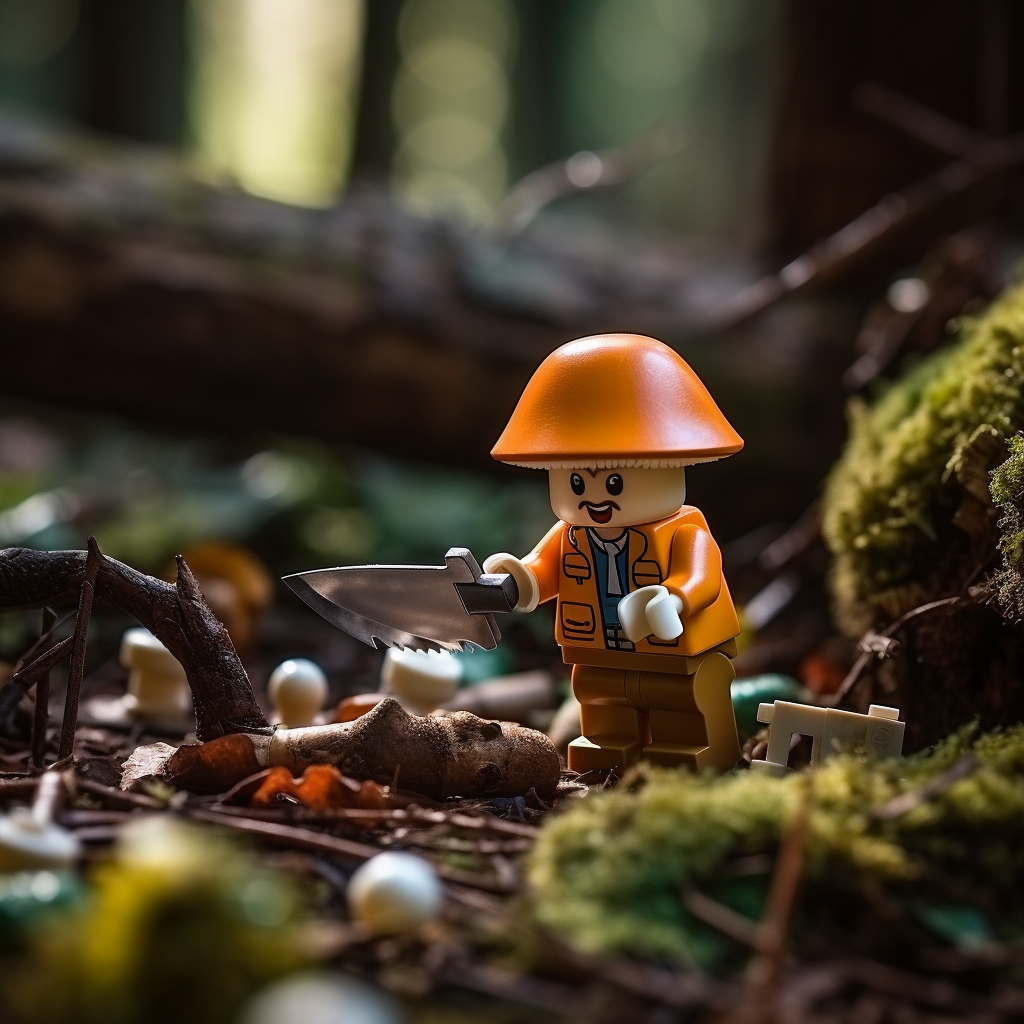 Lego figure sawing mushroom in forest