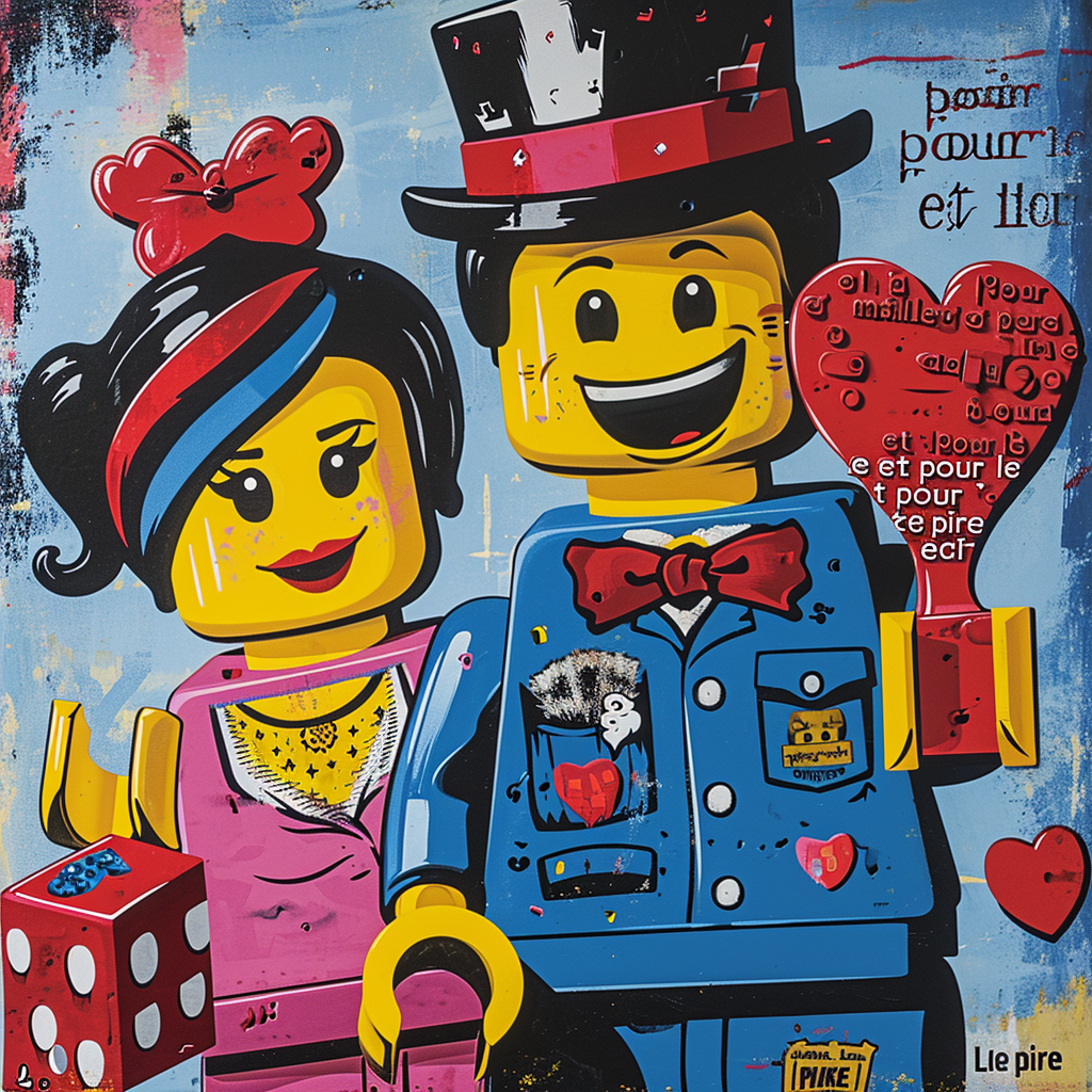 Two Lego characters having fun with dice, hourglass, mask, and heart