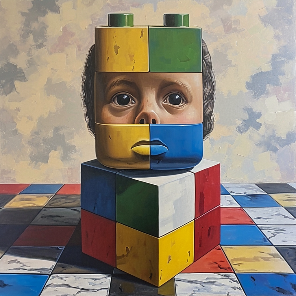 Lego head on colorful squares