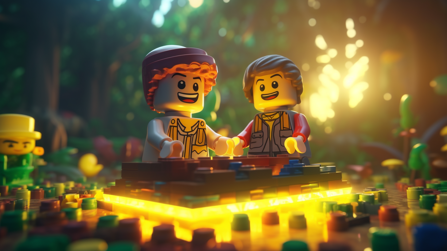 Two Lego kids playing on a lego playground