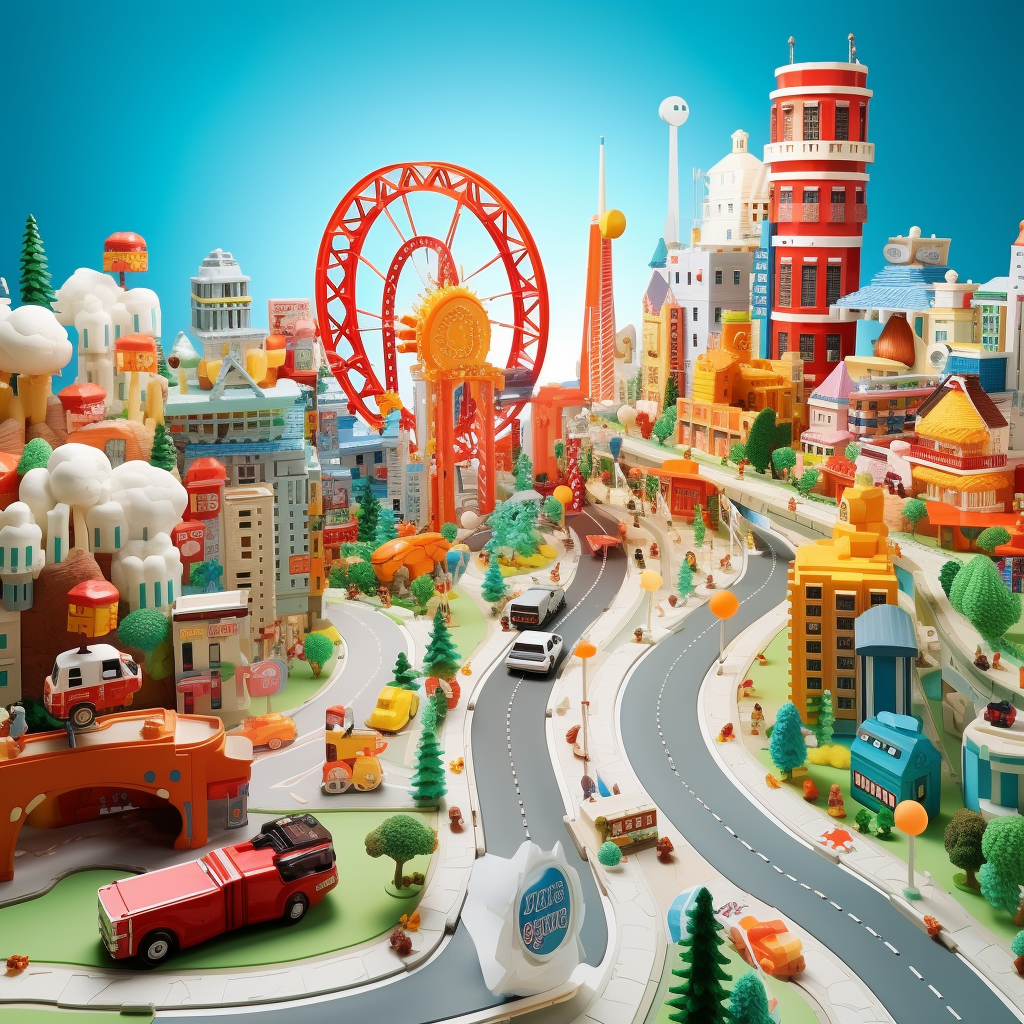 Colorful Lego rollercoaster surrounded by giant dolls and juice boxes