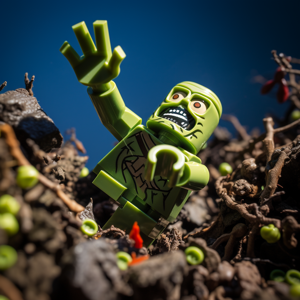 Spooky LEGO zombie arm emerging from the ground