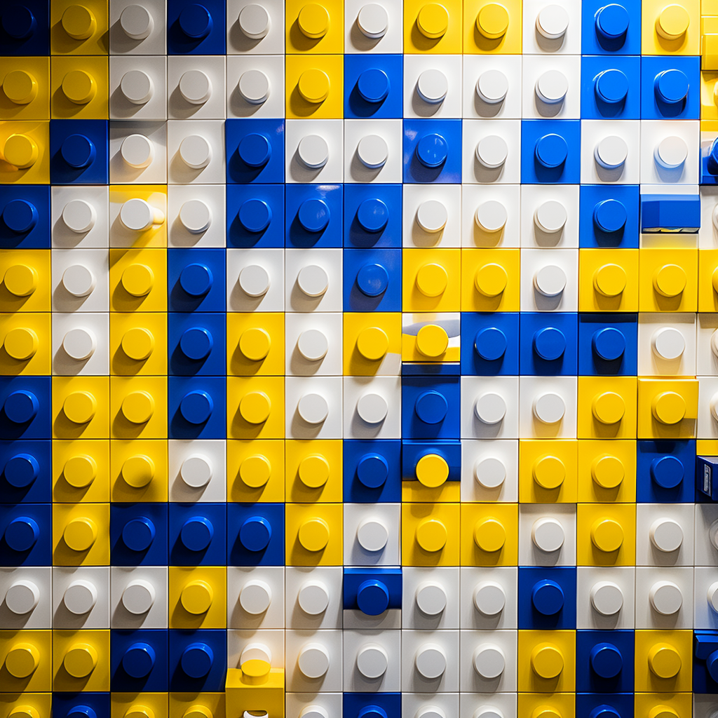 Shiny blue, yellow, and white Lego bricks in place