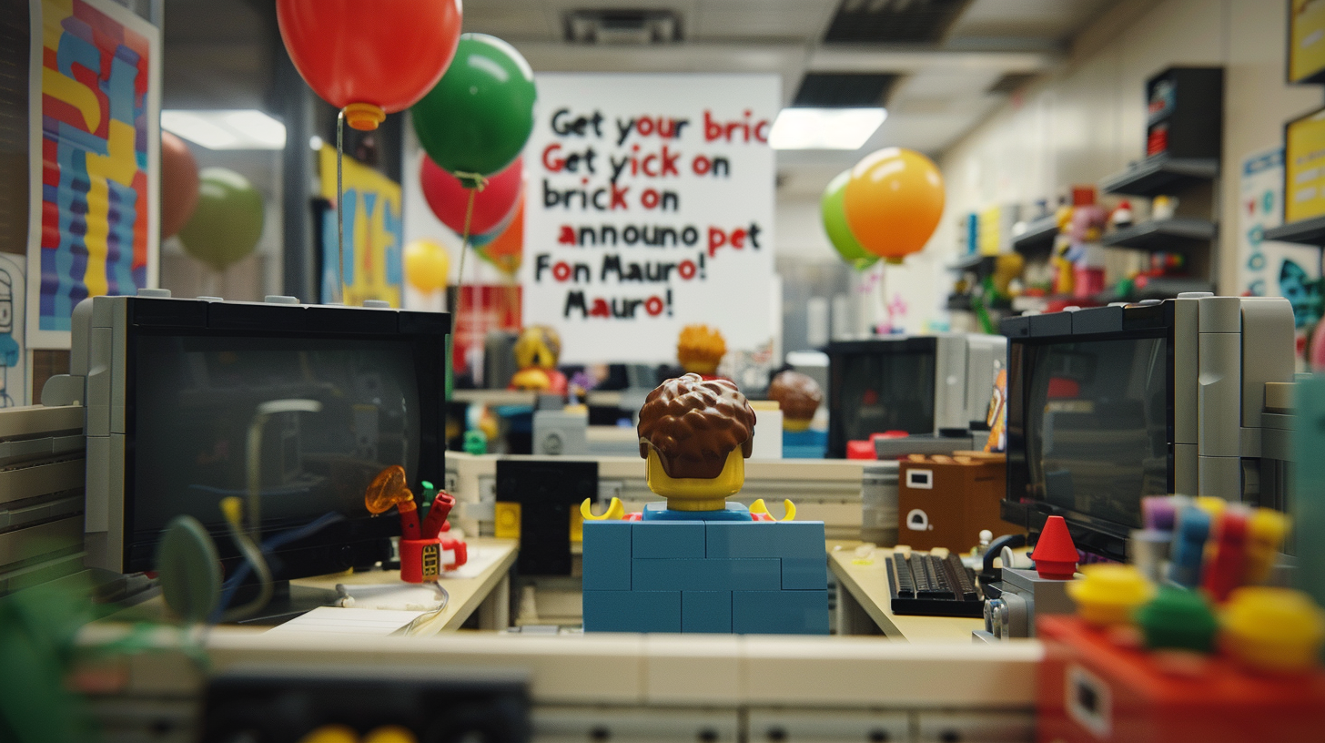 Lego office celebration with banner