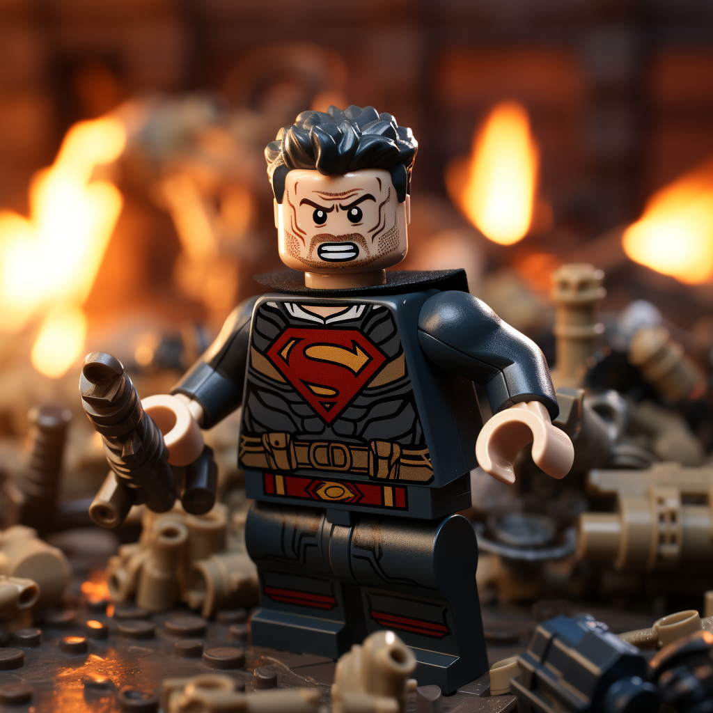 Lego superheroes fighting Lego villains energetically