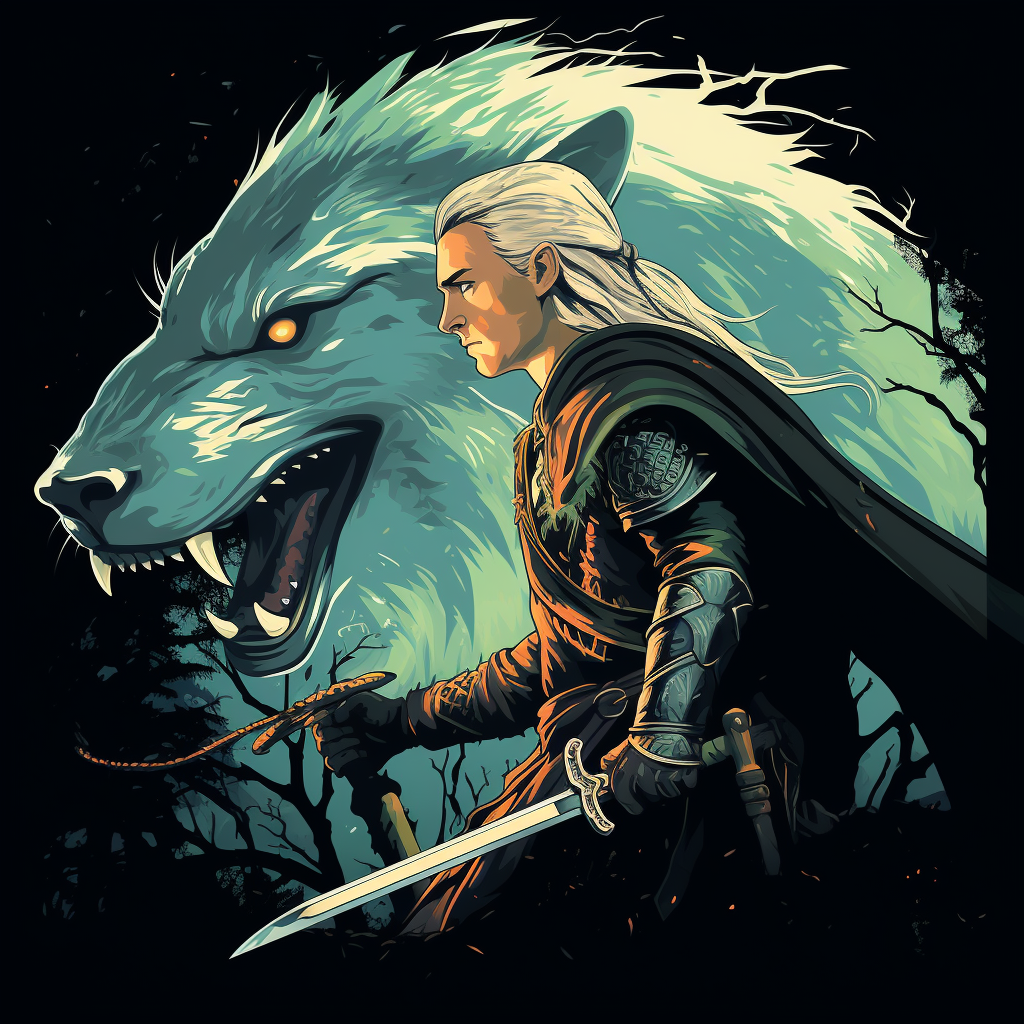 Legolas battling ferocious wolf in graphic art