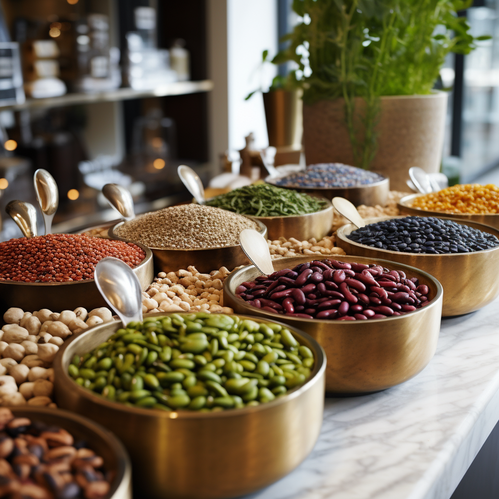 Assorted legumes on marble countertop