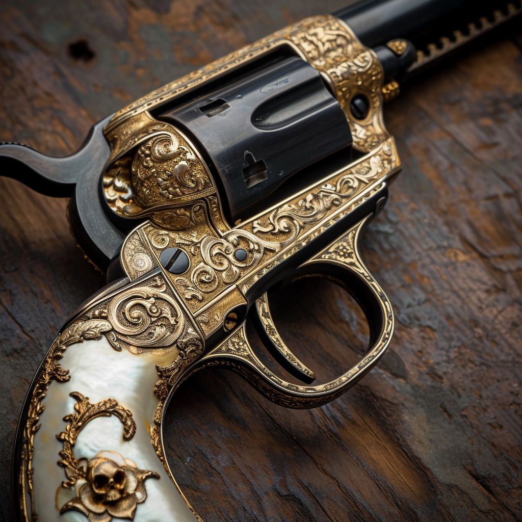 Golden engraving on Lemat revolver with pearl handle