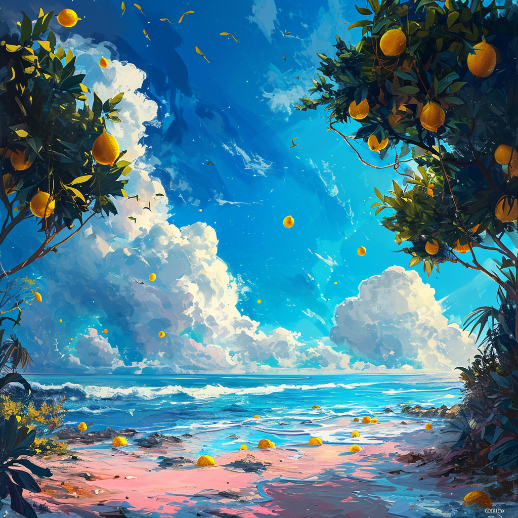 Spectacular lemon grove on beach with blue ocean and floating lemons