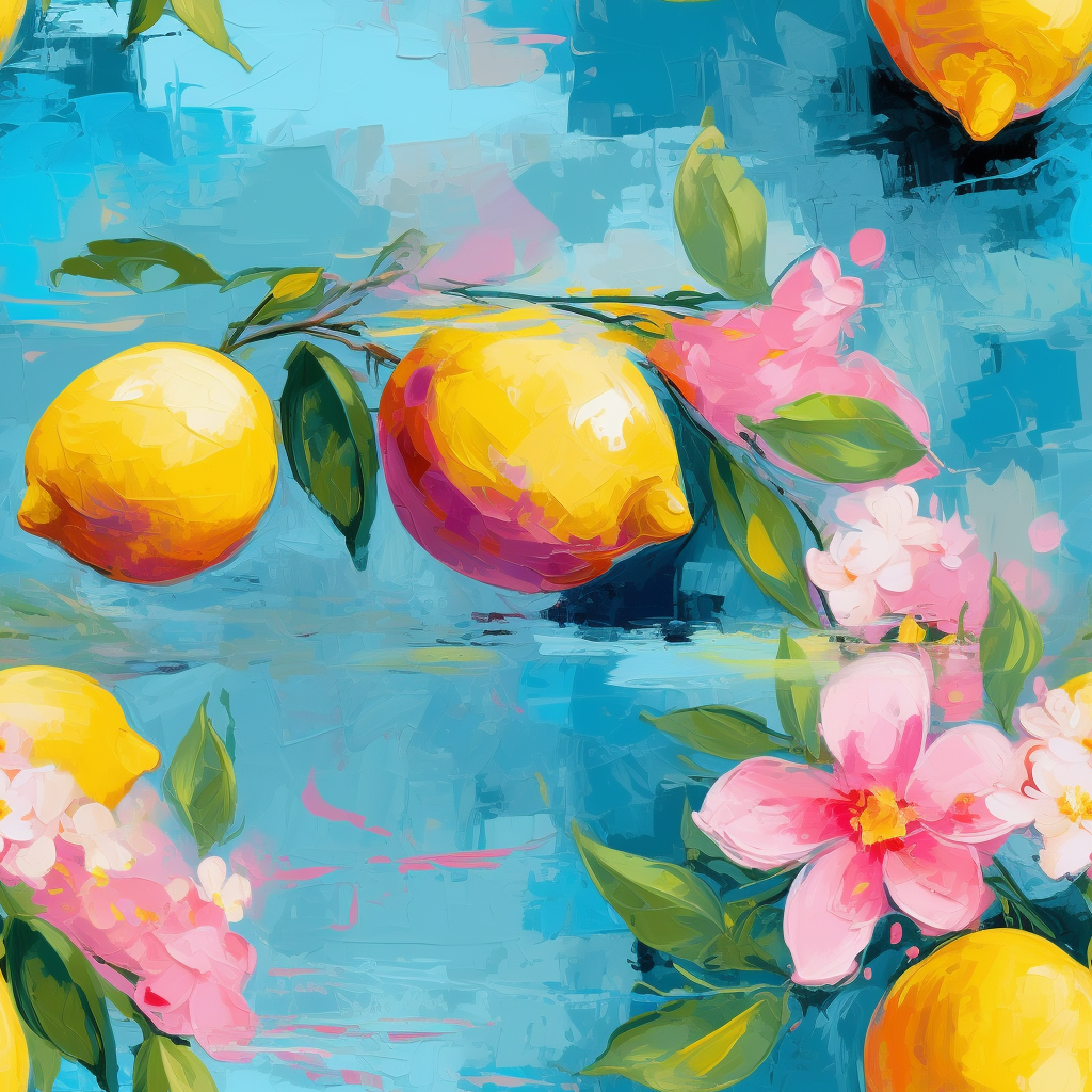 Lemons and Pink Flowers on Blue Background