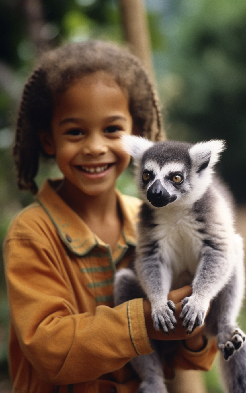 Happy lemur toddler girl playing outside